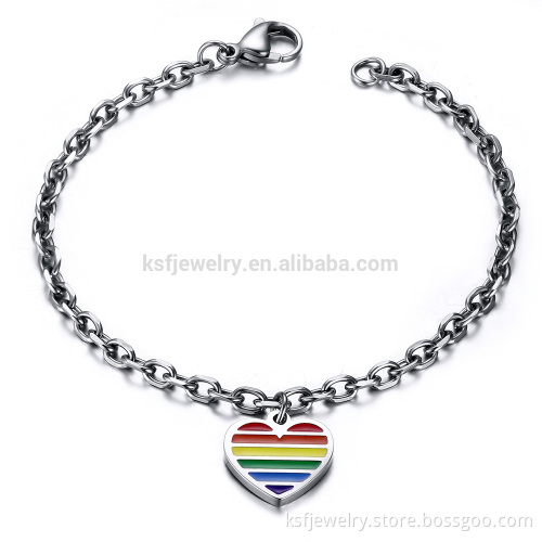 Hot Selling Lesbian And Gay Men Bracelet Stainless Steel 316L Rainbow Bracelet Jewelry With Heart Charm Hanging